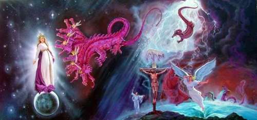 La mujer vestida del sol, parada sobre la luna, con el gran dragón escarlata de frente, pintura que ilustra el tema de Apocalipsis 12.