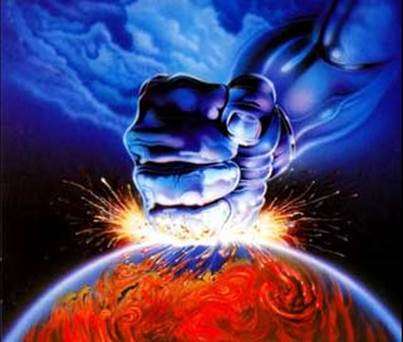 Pintura de un brazo y puño fuertes que golpean al planeta Tierra proyecta la ira de Dios solo contra personas rebeldes irredimibles