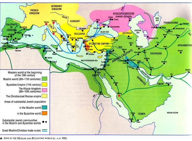 Mapa en el que negros indican donde había concentraciones sustanciales de judíos en Europa, el Cercano Oriente y el norte de África a principios del siglo X.