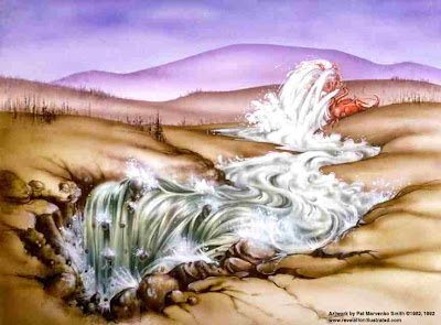Pintura del gran dragón escarlata en el acto de echar agua como un río tras la mujer vestida del sol, o sea, la raza judía terrenal, con el intento de ahogarla.