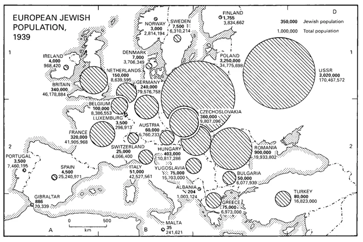 Mapa que muestra los distintos países europeos con la población de judíos en cada uno en el año 1939 al principio de la Segunda Guerra Mundial: aproximadamente 17 millones. 