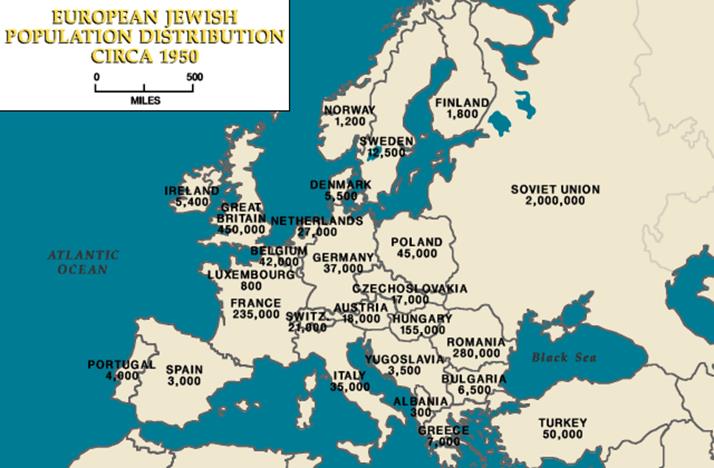 Mapa que muestra la población judía en los países de Europa después de la Segunda Guerra Mundial en 1950. 
