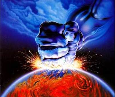 Pintura de un brazo y puño fuertes que golpean al planeta Tierra proyecta la ira de Dios solo contra personas rebeldes irredimibles